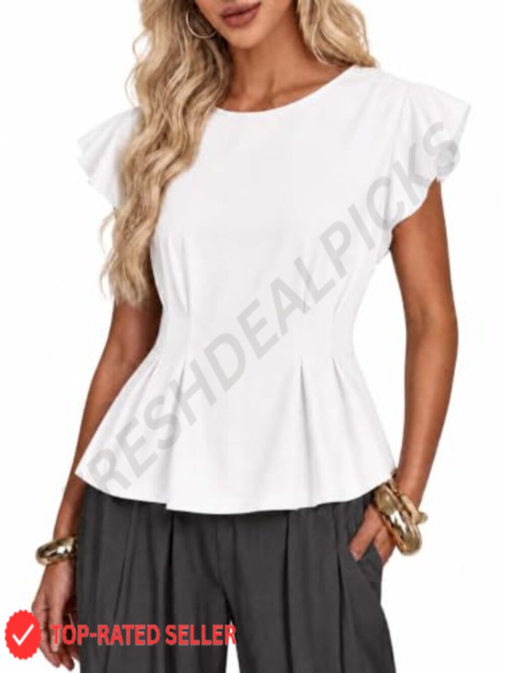 Womens Peplum Top Cinched Waist Ruffle Short Sleeve Cotton Blouse